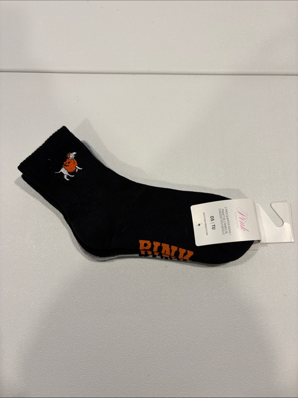 PINK Victoria's Secret Black Crew Sock with Orange Logo